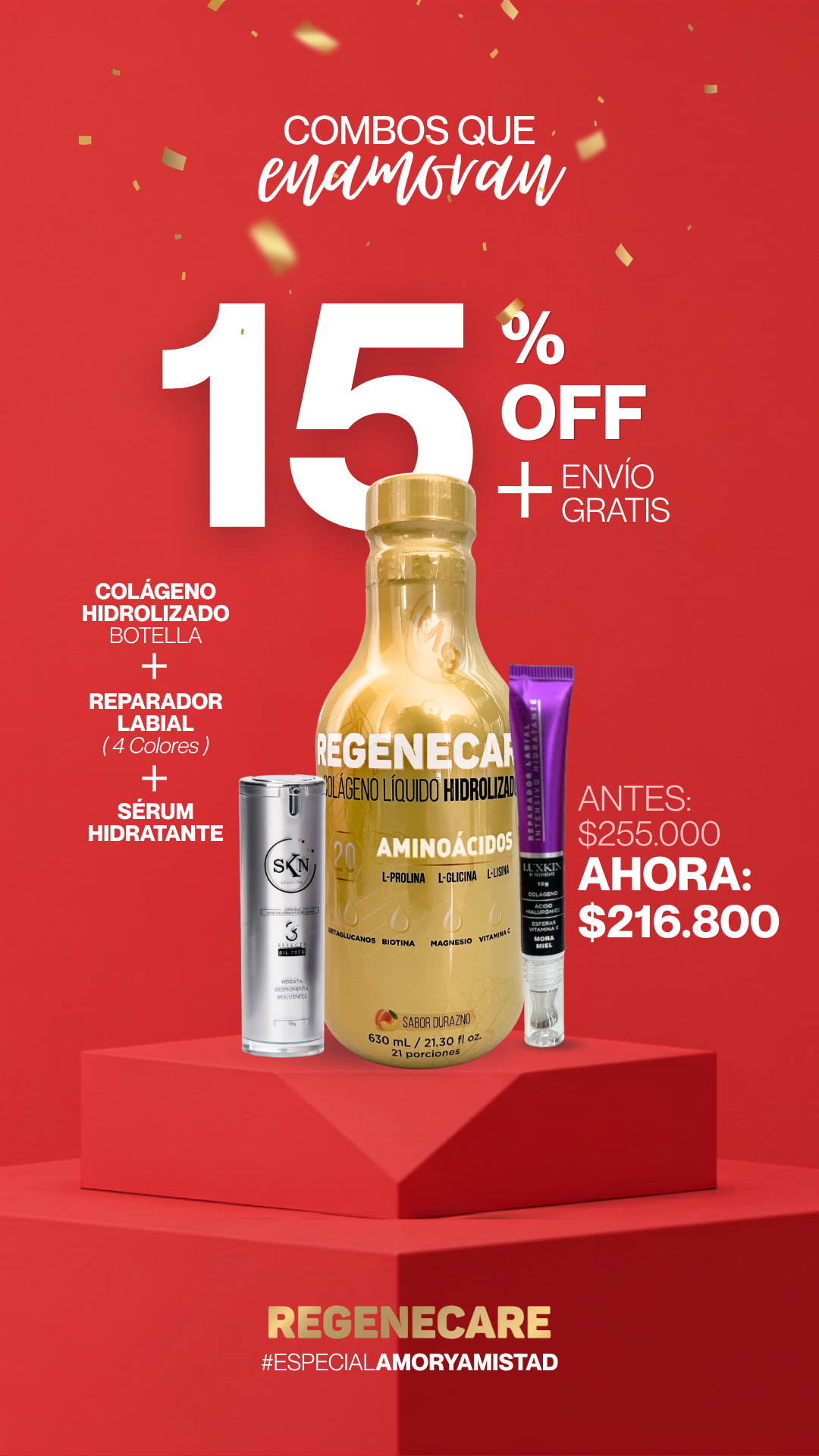 Colágeno Hidrolizado Dorado + Reparador Labial + Sérum Hidratante
